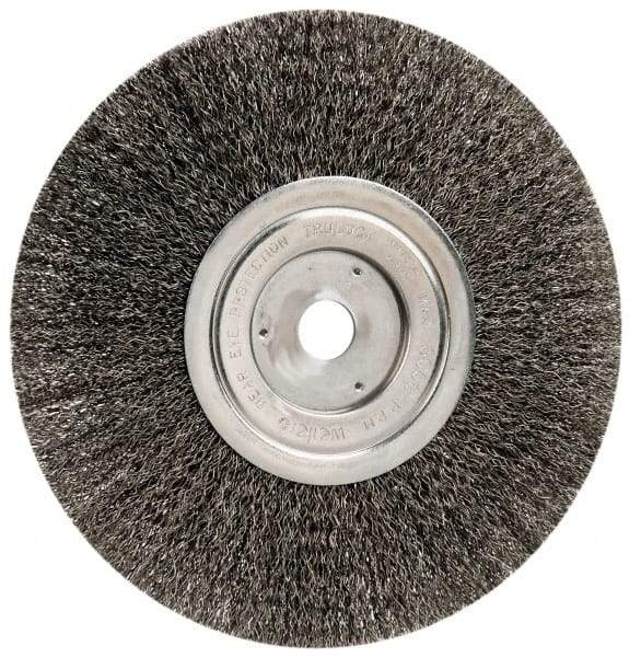 Weiler - 8" OD, 3/4" Arbor Hole, Crimped Steel Wheel Brush - 1/2" Face Width, 2-1/16" Trim Length, 0.014" Filament Diam, 6,000 RPM - Exact Industrial Supply