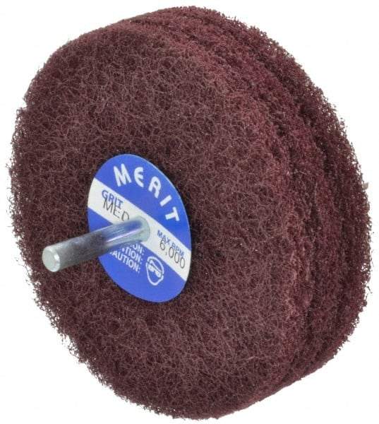 Merit Abrasives - 4" Diam, Medium Mounted Scrubber Buffing Wheel - 3 Ply, Medium Grade, 1/4" Shank Diam, 6,000 RPM - Exact Industrial Supply