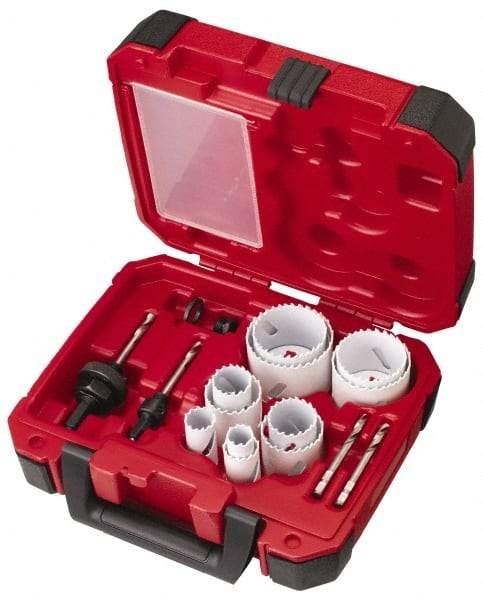 Milwaukee Tool - 15 Piece, 3/4" to 2-1/2" Saw Diam, General Purpose Hole Saw Kit - Bi-Metal, Toothed Edge, Pilot Drill Model No. 49-56-8010, Includes 11 Hole Saws - Exact Industrial Supply