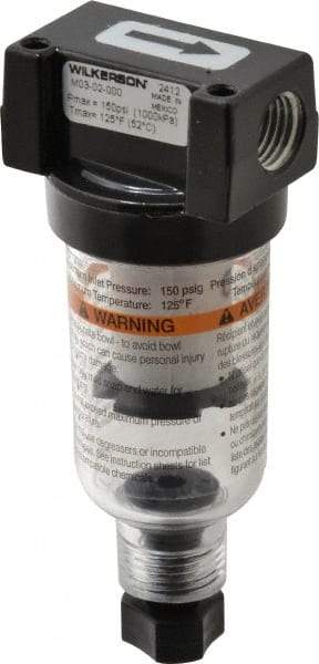 Wilkerson - 1/4" Port Coalescing Filter - Polycarbonate Bowl, Manual Drain, 150 Max psi, 1.69" Wide x 4.21" High - Exact Industrial Supply
