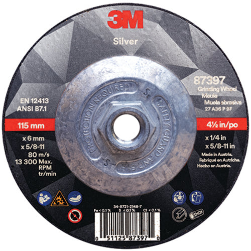 3M Silver Depressed Center Grinding Wheel 87397 T27 Quick Change 4.5″ × 1/4″ × 5/8-11 - Exact Industrial Supply