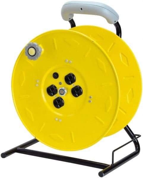 Value Collection - 12 AWG, 100' Cable Length, Cord & Cable Reel with Outlet End, No Cable - 4 Outlets, NEMA 5-15R, 15 Amps, 125 Volts, SO Cable, Yellow Reel, Hand Crank Reel - Exact Industrial Supply