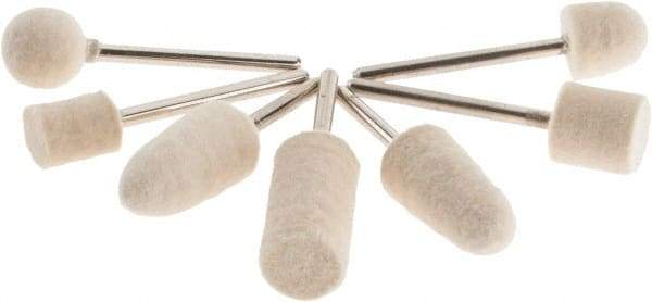 Value Collection - 7 Piece, 1/8" Shank Diam, Wool Felt Bob Set - Medium Density, Includes Ball, Cone, Cylinder, Flame, Olive & Oval Bobs - Exact Industrial Supply