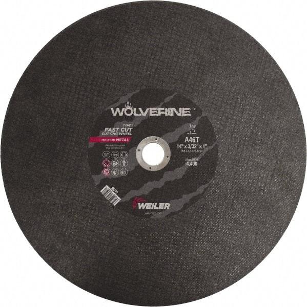 Weiler - 14" 46 Grit Aluminum Oxide Cutoff Wheel - 3/32" Thick, 1" Arbor, 4,400 Max RPM, Use with Chop Saws - Exact Industrial Supply