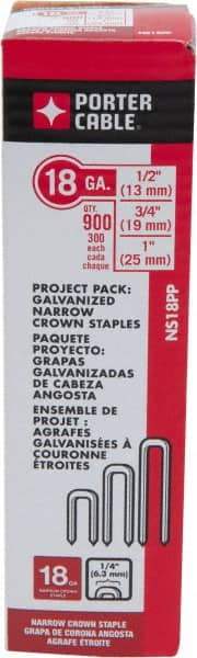 Porter-Cable - 1/2", 3/4, and 1" Long x 1/4" Wide, 18 Gauge Narrow Crown Construction Staple Multi Pack - Steel, Galvanized Finish. 300/size - Exact Industrial Supply