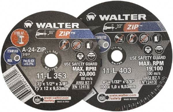 WALTER Surface Technologies - 4" 24 Grit Aluminum Oxide Cutoff Wheel - 1/4" Thick, 3/8" Arbor, 19,100 Max RPM, Use with Die Grinders - Exact Industrial Supply