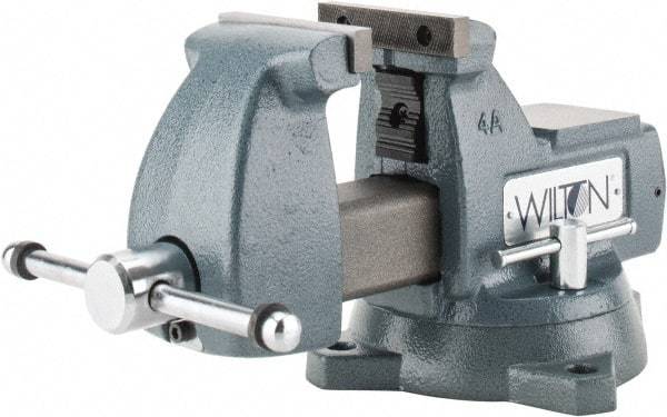 Wilton - 4" Jaw Width x 4-1/2" Jaw Opening Capacity, 3-7/16" Throat Depth, Bench & Pipe Combination Vise - 1/4 to 2" Pipe Capacity, Swivel Base, Bolt Down Attachment, Ductile Iron - Exact Industrial Supply