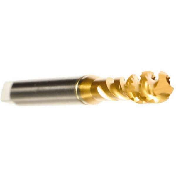 Emuge - M4x0.70 Metric 3 Flute 6H Modified Bottoming Spiral Flute Tap - Cobalt, TiN Finish, 63mm OAL, Right Hand Flute, Right Hand Thread, Series Enorm - Exact Industrial Supply
