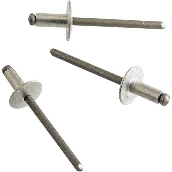 STANLEY Engineered Fastening - Size 4 Large Flange Head Aluminum Open End Blind Rivet - Aluminum Mandrel, 0.063" to 1/8" Grip, 1/8" Head Diam, 0.129" to 0.133" Hole Diam, 0.078" Body Diam - Exact Industrial Supply