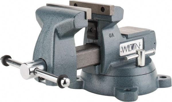 Wilton - 6" Jaw Width x 5-3/4" Jaw Opening Capacity, 4-1/8" Throat Depth, Bench & Pipe Combination Vise - 1/4 to 3-1/2" Pipe Capacity, Swivel Base, Bolt Down Attachment, Ductile Iron - Exact Industrial Supply