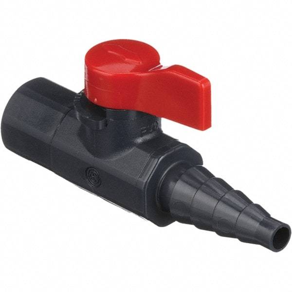Asahi/America - 1/4" Pipe, Full Port, PVC Ball Valve - 1 Piece, FNPT X Barb Ends, Tee Handle, 150 WOG - Exact Industrial Supply
