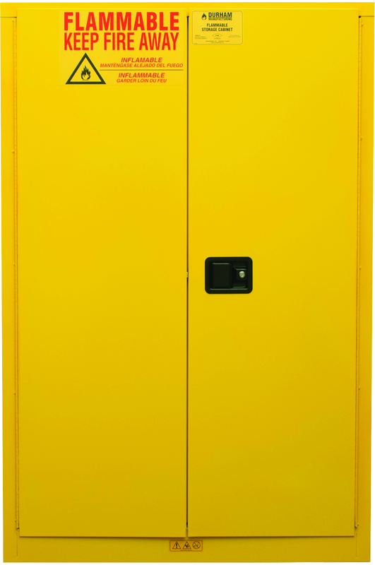45 Gallon - All Welded - FM Approved - Flammable Safety Cabinet - Manual Doors - 2 Shelves - Safety Yellow - Exact Industrial Supply