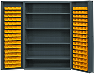 48"W - 14 Gauge - Lockable Cabinet - With 128 Yellow Hook-on Bins - 4 Adjustable Shelves - Deep Door Style - Gray - Exact Industrial Supply