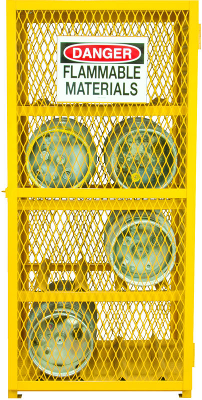 30"W - All Welded - Angle Iron Frame with Mesh Side - Horizontal Gas Cylinder Cabinet - 3 Shelves - Magnet Door - Safety Yellow - Exact Industrial Supply