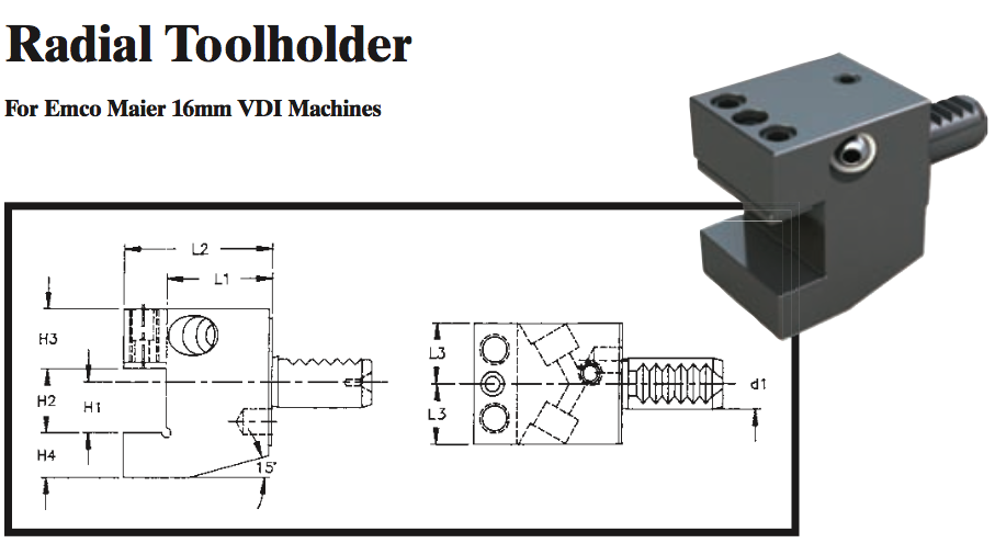 Radial Toolholder (For Emco Maier 16mm VDI Machines) - Part #: CNC86 E45.1616 - Exact Industrial Supply