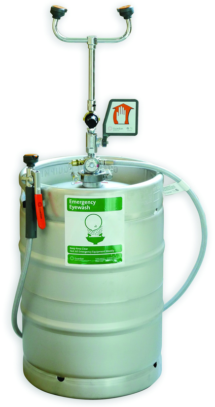Guardian self-contained eyewash/drench hose unit is ideal for use in low traffic areas, and where a continuous supply of potable water is unavailable for plumbed units. 15 gallon pressurized unit is ideal for floor placement near any hazard. - Exact Industrial Supply