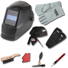 Auto-Darkening Welding Helmet Starter Kit with No. 11 Lens, Gloves, Wire Brush, Magnet, Chipping Hammer and Marker - Exact Industrial Supply