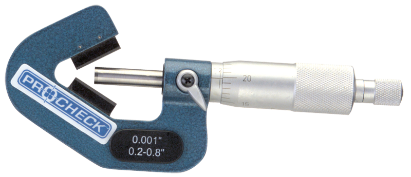 .2 - .8'' Measuring Range - .001 Graduation - Ratchet Thimble - High Speed Steel Face - 3-Flute V-Anvil Micrometer - Exact Industrial Supply