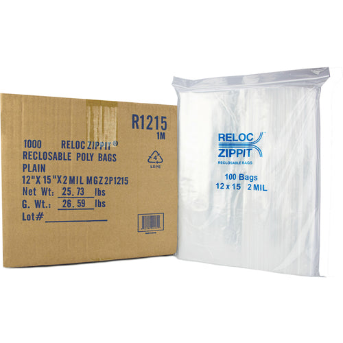 12″ × 15″ 2-MIL Clear Reloc Zippit Zipper Bags, Sold per Case of 1000 (10 boxes of 100 per case)