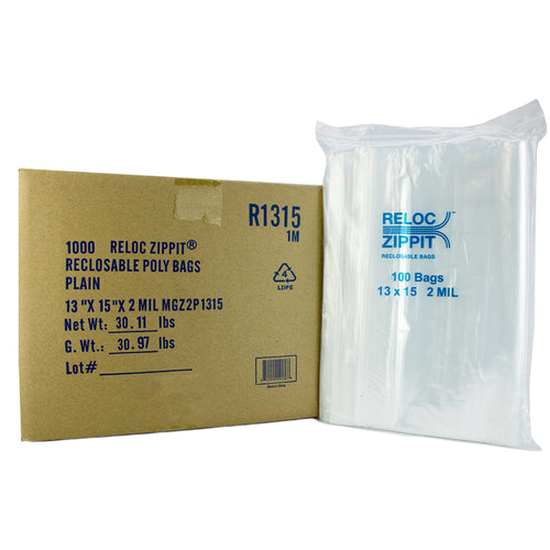 13″ × 15″ 2-MIL Clear Reloc Zippit Zipper Bags, Sold per Case of 1000 (10 boxes of 100 per case)