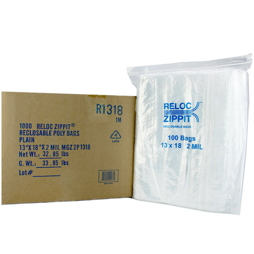 13″ × 18″ 2-MIL Clear Reloc Zippit Zipper Bags, Sold per Case of 1000 (10 boxes of 100 per case)