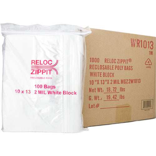 10″ × 13″ 2-MIL White Block Reloc Zippit Zipper Bags, Sold per Case of 1000 (10 boxes of 100 per case)