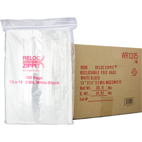 13″ × 15″ 2-MIL White Block Reloc Zippit Zipper Bags, Sold per Case of 1000 (10 boxes of 100 per case)