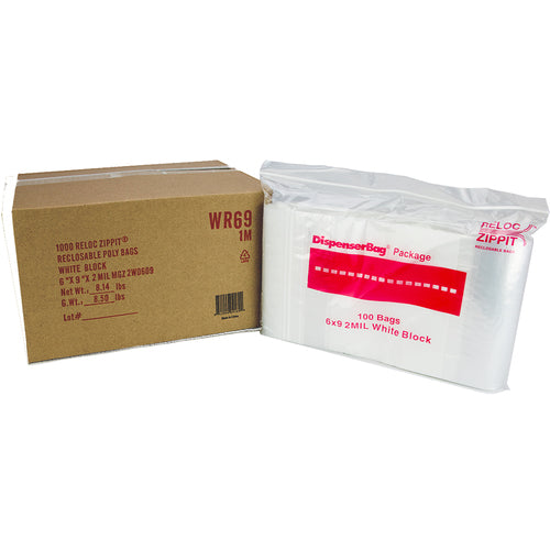 6″ × 9″ 2-MIL White Block Reloc Zippit Zipper Bags, Sold per Case of 1000 (10 boxes of 100 per case)