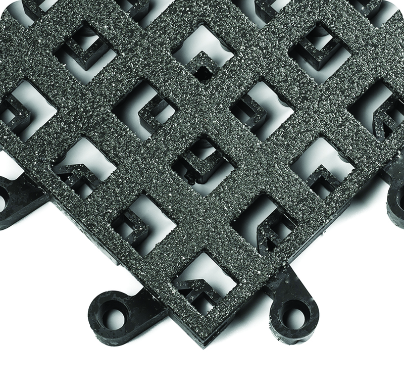 ErgoDeck Heavy Duty Open w/ GritShield Egronomic Tiles 18" x 18" x 7/8" Thick (Black) - Exact Industrial Supply