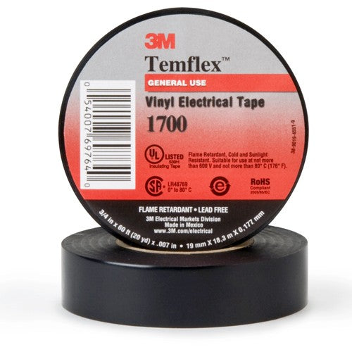 3M Temflex Vinyl Electrical Tape 1700 3/4″ × 36 yd 1-1/2″ Core Black - Exact Industrial Supply