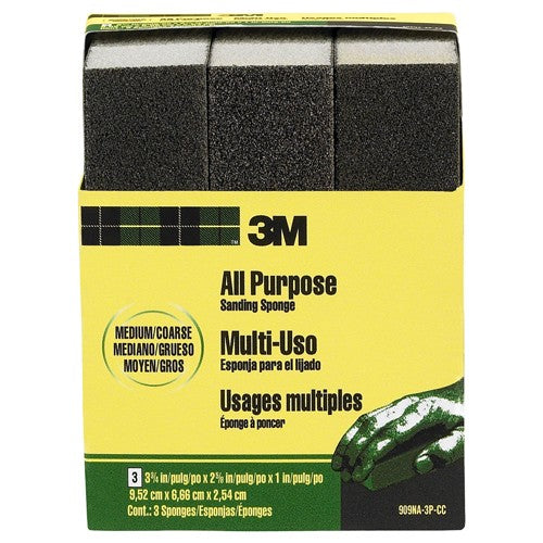3M General Purpose Sanding Sponge 909NA-3P-CC 3 3/4″ × 2 5/8″ × 1″ Dual Grit Medium/Coarse - Exact Industrial Supply