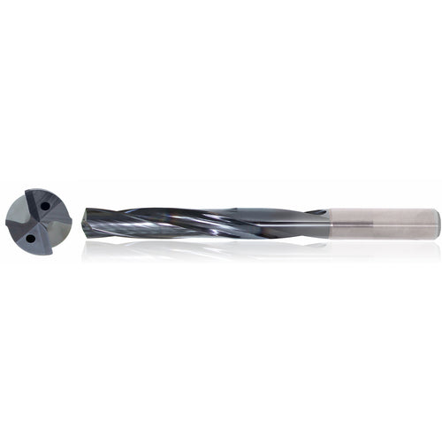 3/8″ Dia. × 10 mm Shank × 61 mm Flute Length × 103 mm OAL, 5xD, TiAlN, 2 Flute, Coolant Thru, h6, Cylindrical, Solid Carbide Drill Series/List #5614 - Exact Industrial Supply