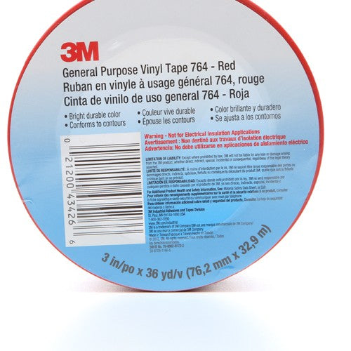 3M General Purpose Vinyl Tape 764 Red 3″ × 36 yd 5 mil Individually Wrapped Conveniently Packaged - Exact Industrial Supply