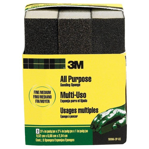3M General Purpose Sanding Sponge 908NA-3P-CC 3 3/4″ × 2 5/8″ × 1″ Dual Grit Fine/Medium - Exact Industrial Supply