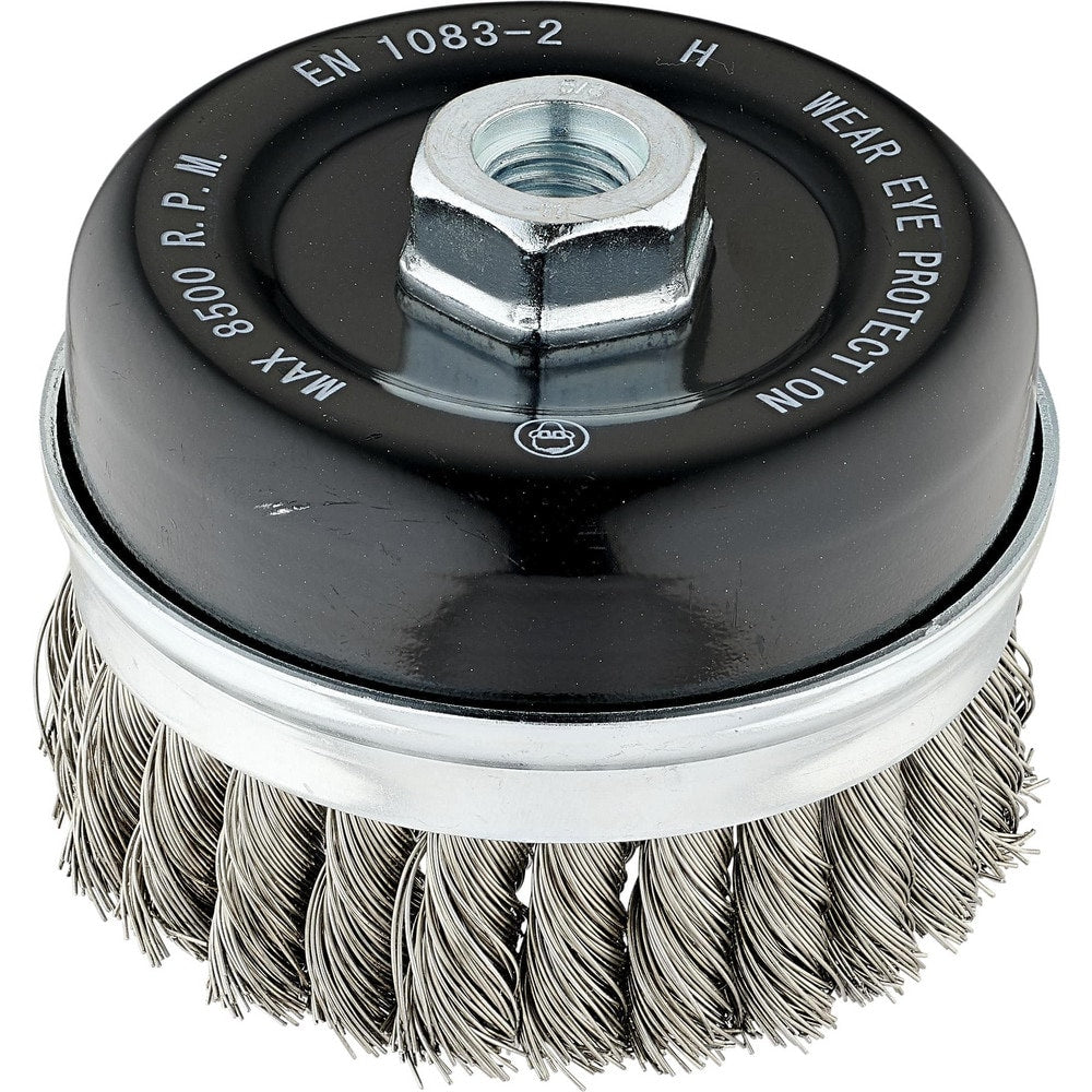 Cup Brush: 4" Dia, 0.0200" Wire Dia, Stainless Steel, Knotted