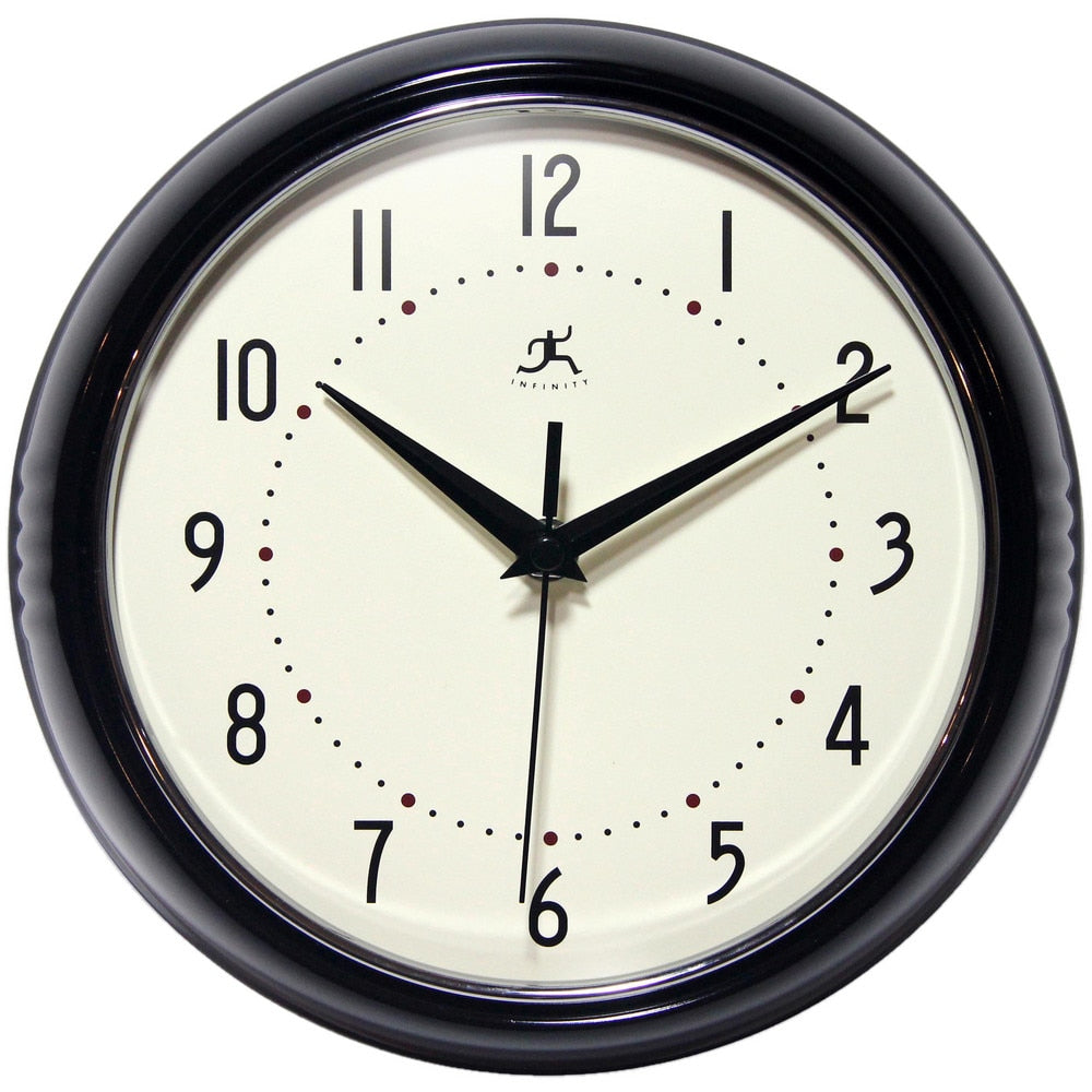 Office Wall Clocks; Clock Type: Dial; Display Type: Analog; Power Source: Battery; Clock Movement Control: Manual; Face Diameter: 7.75000; Face Color: Off-White; Case Color: Black; Digit Color: Black