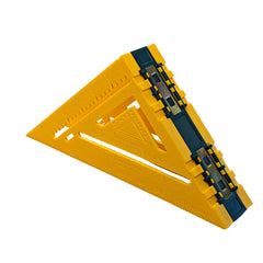 Yellow and Forest Green, Rapid Rafter. The Rapid Rafter is a patent-pending double-sided rafter square. Rapid Rafter not only reduces the amount of time by allowing for simultaneous marking on both sides of the board, but it also increases accuracy by all