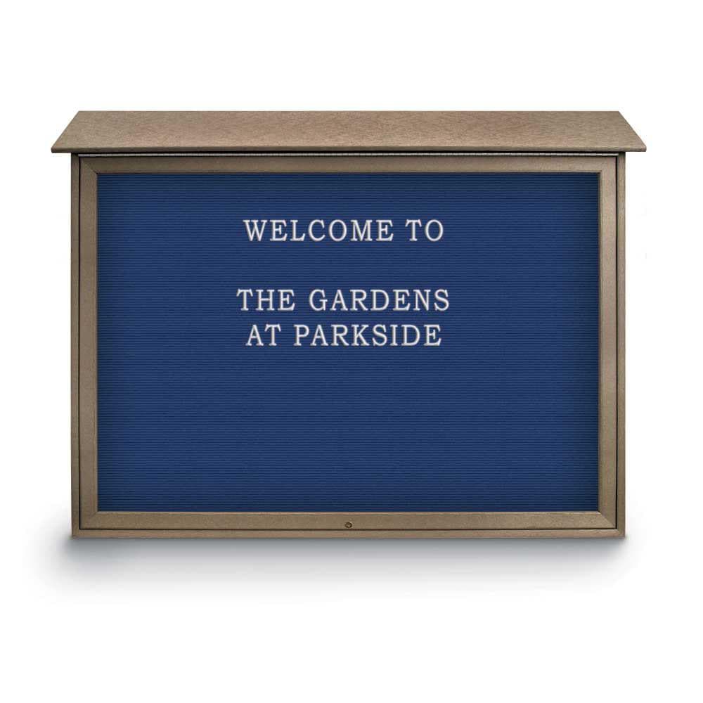 Enclosed Letter Board: 52" Wide, 40" High, Recycled Plastics, Weathered Wood