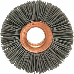 Brush Research Mfg. - 1-1/4" OD, 3/8" Arbor Hole, Crimped Abrasive Nylon Wheel Brush - 5/16" Face Width, 1/4" Trim Length, 20,000 RPM - Exact Industrial Supply