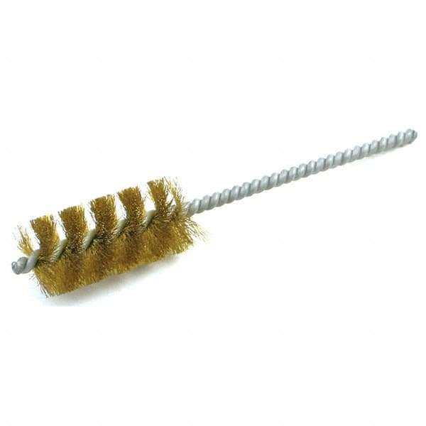 Brush Research Mfg. - 1/4" Diam Helical Brass Tube Brush - Single Spiral, 0.005" Filament Diam, 1-1/2" Brush Length, 4-1/2" OAL, 0.112" Diam Galvanized Steel Shank - Exact Industrial Supply