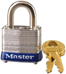 Master Lock - 9/16" Shackle Clearance, Keyed Alike General Security Padlock - 3/16" Shackle Diam, Laminated Steel - Exact Industrial Supply