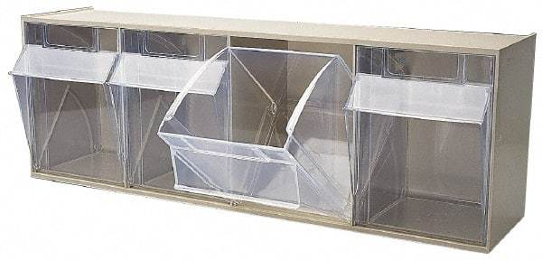 Quantum Storage - 23-5/8" Wide x 8-1/8" High x 6-5/8" Deep, Small Parts Tip Out Stacking Bin Organizer - Polystyrene Frame, 4 Compartments, 5-5/8" Wide x 7-1/2" High x 5" Deep Bin - Exact Industrial Supply