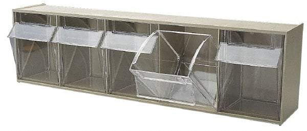 Quantum Storage - 23-5/8" Wide x 6-1/2" High x 5-1/4" Deep, Small Parts Tip Out Stacking Bin Organizer - Polystyrene Frame, 5 Compartments, 4-1/4" Wide x 5-3/4" High x 3-3/4" Deep Bin - Exact Industrial Supply