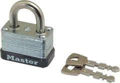 Master Lock - 9/16" Shackle Clearance, Keyed Different Laminated Steel Padlock - 1/4" Shackle Diam, Laminated Steel - Exact Industrial Supply