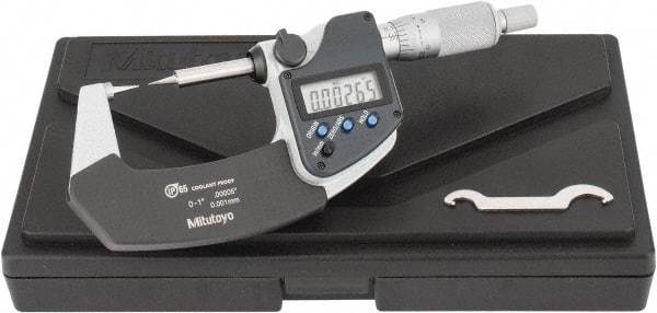 Mitutoyo - 1 Inch, 32mm Throat Depth, Ratchet Stop, Electronic Point Micrometer - Accurate Up to 0.0001 Inch, 0.3937 Inch Point Length, 15° Point Angle, 18mm Head Diameter - Exact Industrial Supply