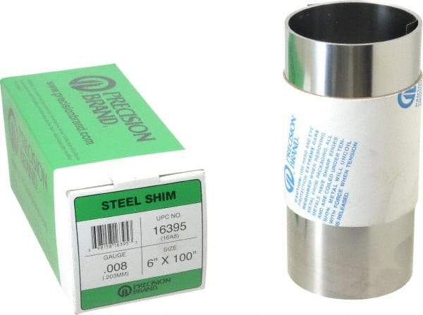 Made in USA - 100 Inch Long x 6 Inch Wide x 0.008 Inch Thick, Roll Shim Stock - Steel - Exact Industrial Supply