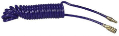 Coilhose Pneumatics - 1/4" ID, 1/4 Thread, 25' Long, Blue Polyurethane Coiled & Self Storing Hose - 125 Max psi, Industrial Interchange Coupler x Plug - Exact Industrial Supply