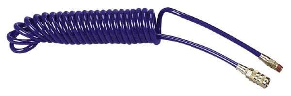 Coilhose Pneumatics - 1/4" ID, 1/4 Thread, 15' Long, Blue Polyurethane Coiled & Self Storing Hose - 125 Max psi, Industrial Interchange Coupler x Male Swivel - Exact Industrial Supply