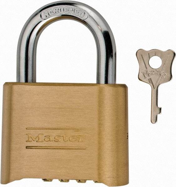 Master Lock - 2" Body Width, 1" Shackle Clearance, Steel & Brass Combination Lock - 5/16" Shackle Diam - Exact Industrial Supply