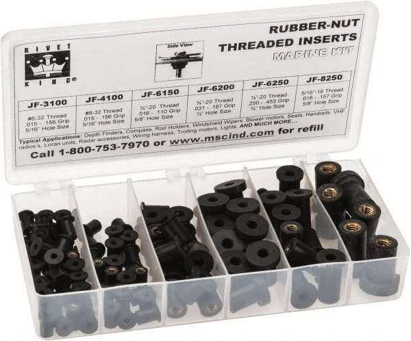RivetKing 115 Piece #8-32 to 1/4-20 Thread Neoprene Well Nut Assortment 5/16 to 1/2" Body Diam, Includes #10-32 x 3/8, #8-32 x 5/16 & 1/4-20 x 1/2 - Exact Industrial Supply